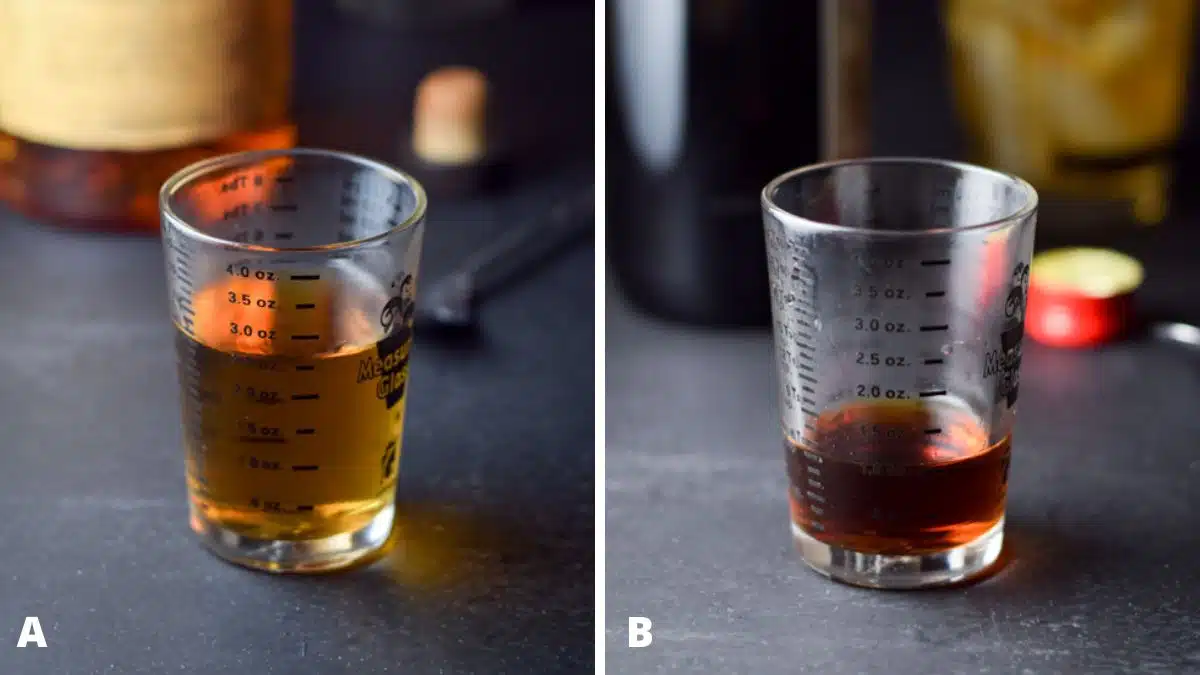 Measure out scotch and sweet vermouth