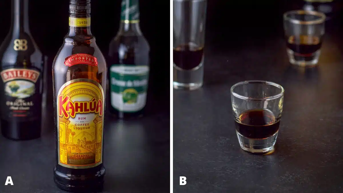 Left - Kahlua, Baileys Irish cream and creme de menthe on a black table. Right - kahlua measured out