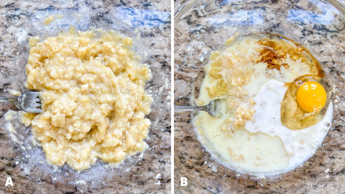 Left - mushed bananas in a glass bowl. Right - egg, milk, oil, vanilla added to the bananas