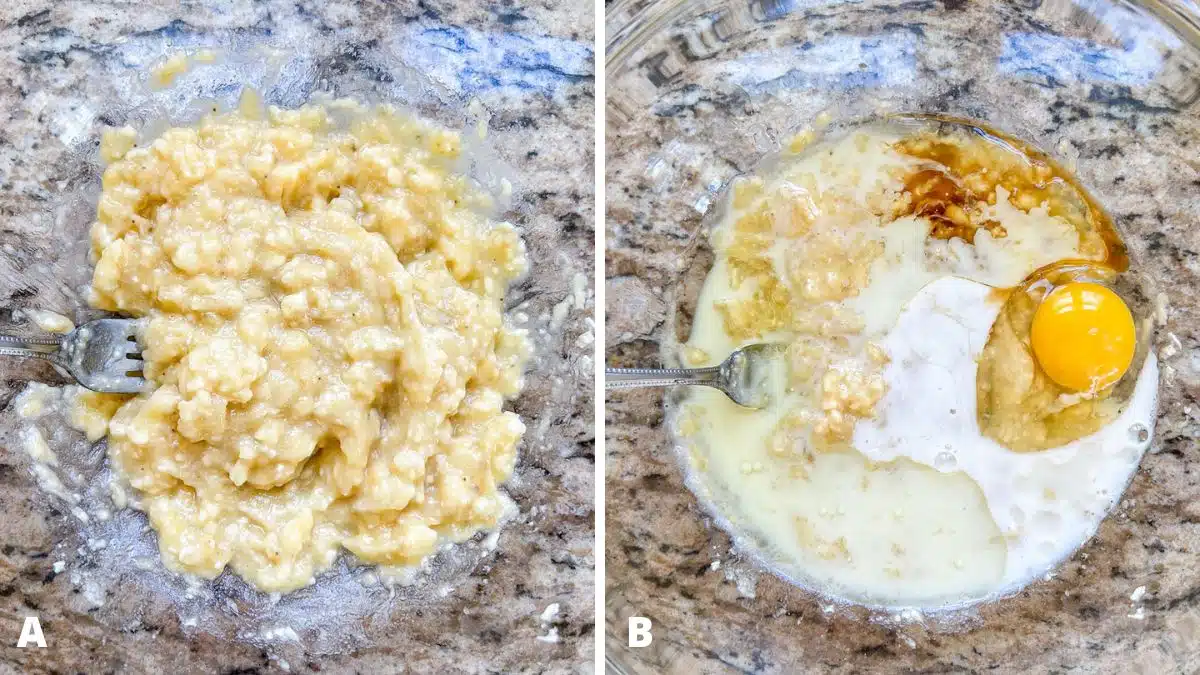 Left - mushed bananas in a glass bowl. Right - egg, milk, oil, vanilla added to the bananas