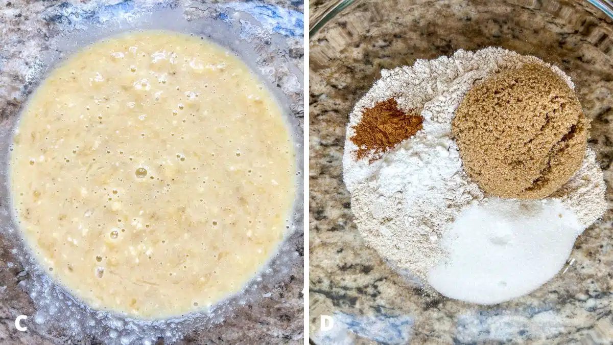 Left - wet ingredients mixed together. Right - the dry ingredients in a glass bowl