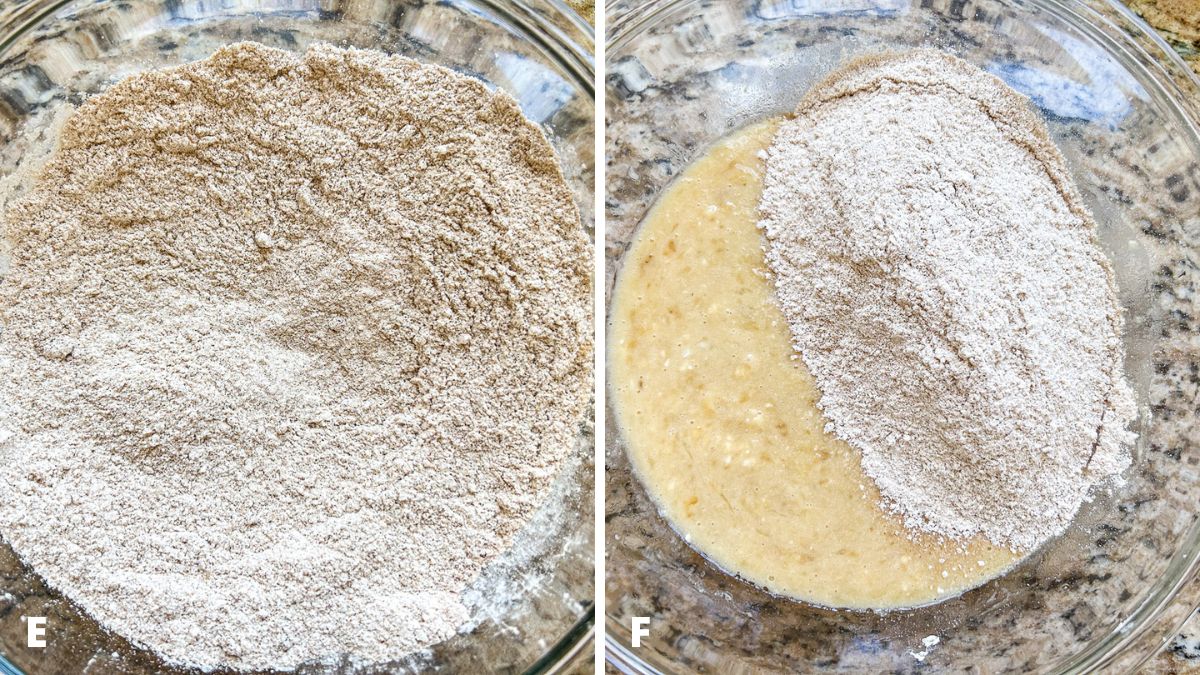 The dry ingredients mixed together and added to the wet ingredients in the bowl