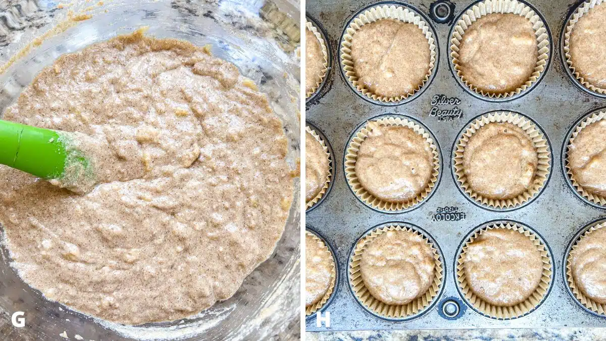 The dry ingredients mixed with the wet ingredients and then spooned in a muffin pan with liners