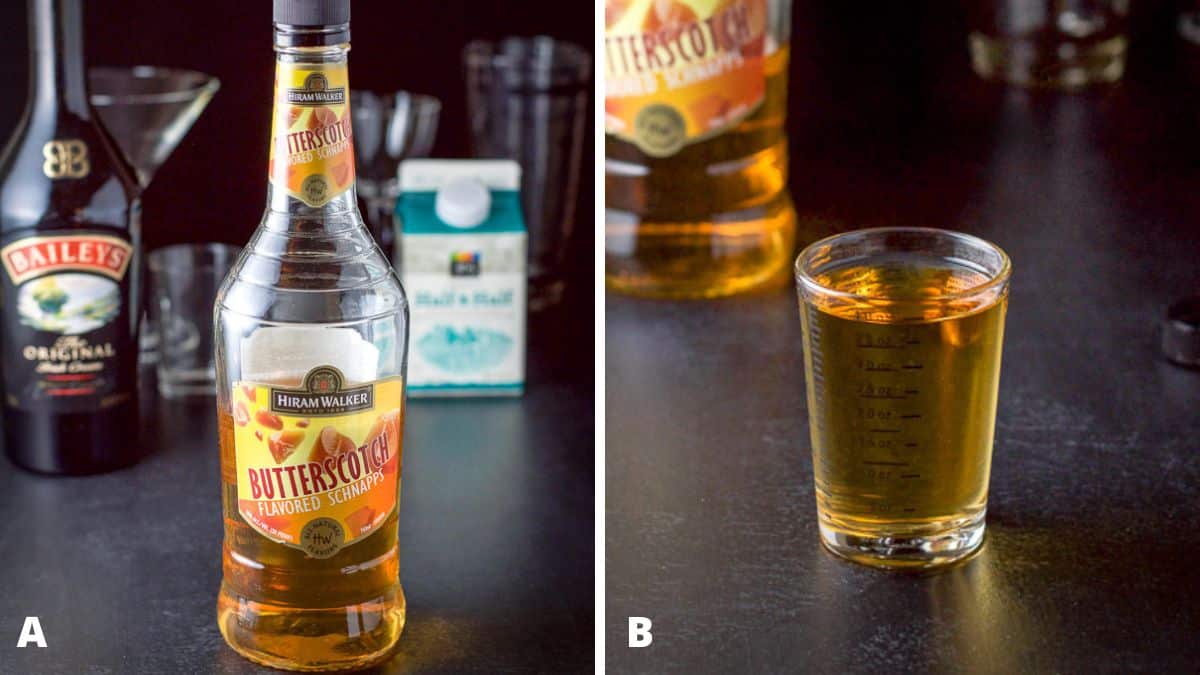 Left - butterscotch schnapps, baileys, cream and galssware in the back. Right - butterscotch schnapps measured out