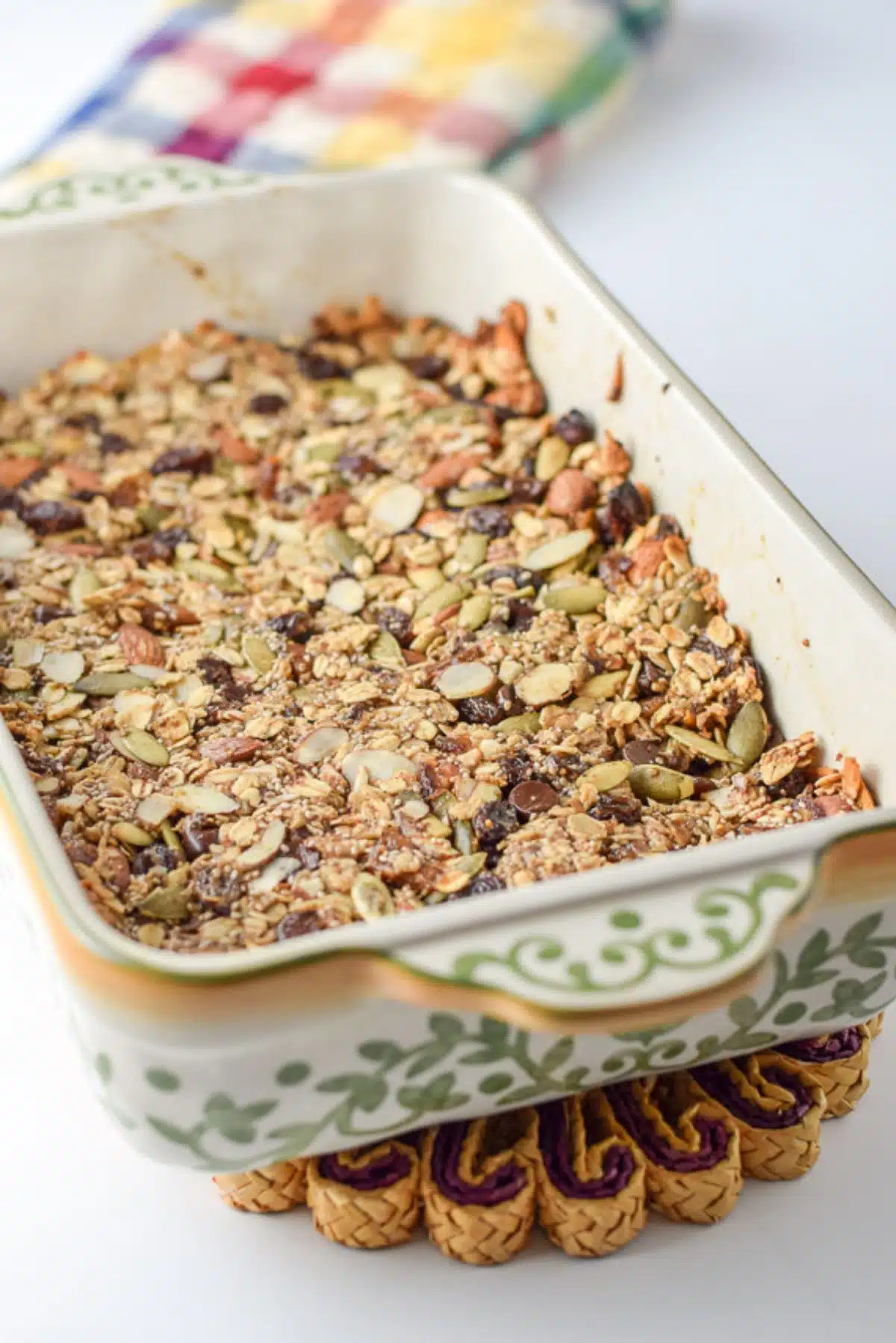 Baking dish fresh out of the oven with the granola bars in it