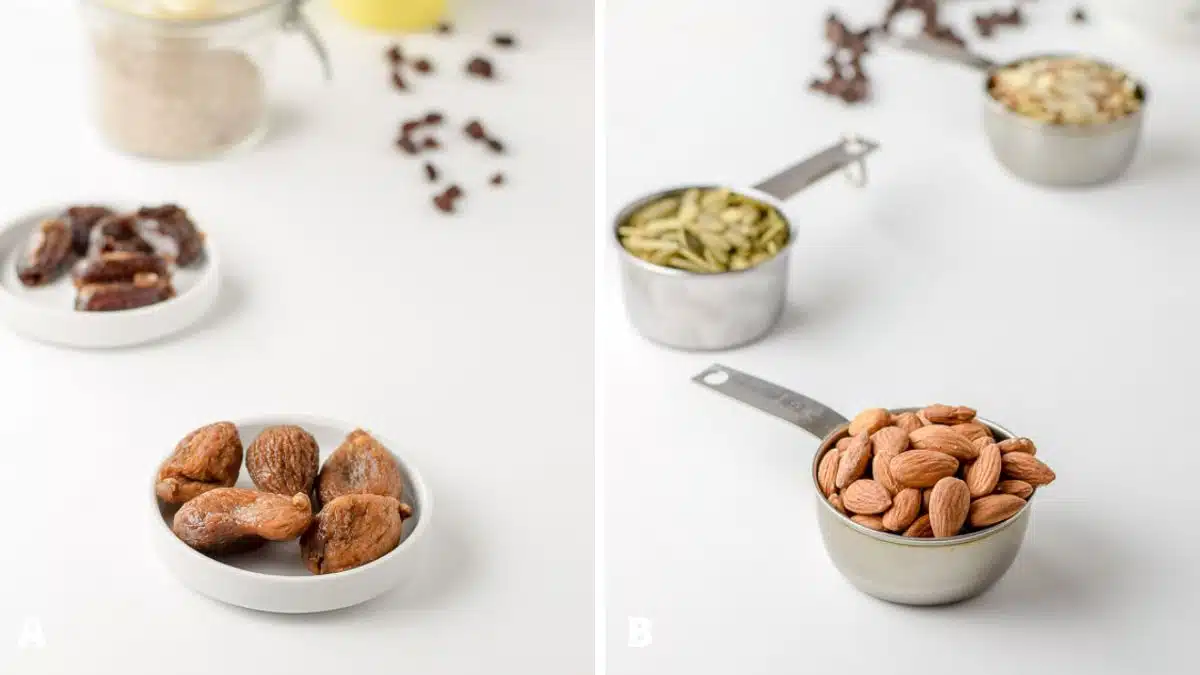 Left - figs, dates, chia seeds, and chocolate. Right - almonds, pumpkin seeds, and nuts on a table