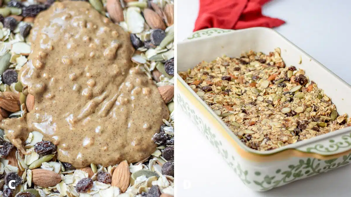 Left - Almond butter and the ingredients in a bowl ready to be mixed. Right - the granola pressed into the baking dish