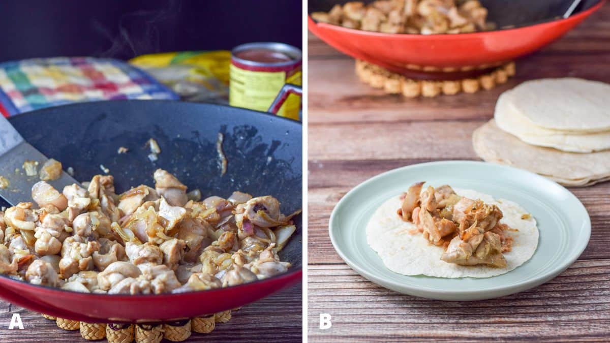 Left - a wok with cooked chicken and shallots. Right - a little plate with a tortilla with beans and chicken, with more tortillas and a wok in the back