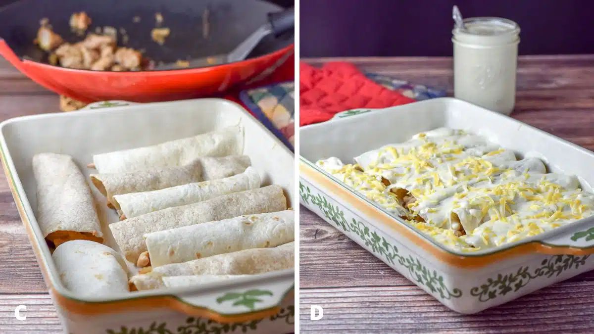 Left - rolled up enchiladas in a baking dish with a wok in the back. Right - the baking dish with the enchiladas, sauce, and cheese