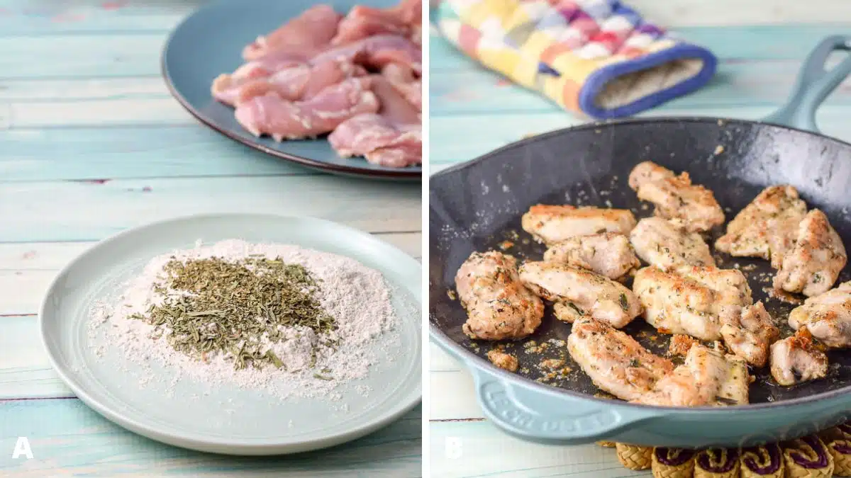 Left - plate with the flour mixture and raw chicken behind it. Right - a green skillet with cooked chicken pieces in it
