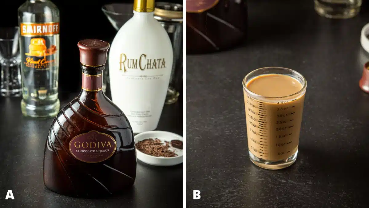 Left - chocolate liqueur, rum chata, and vodka on a table. Right - chocolate liqueur measured out