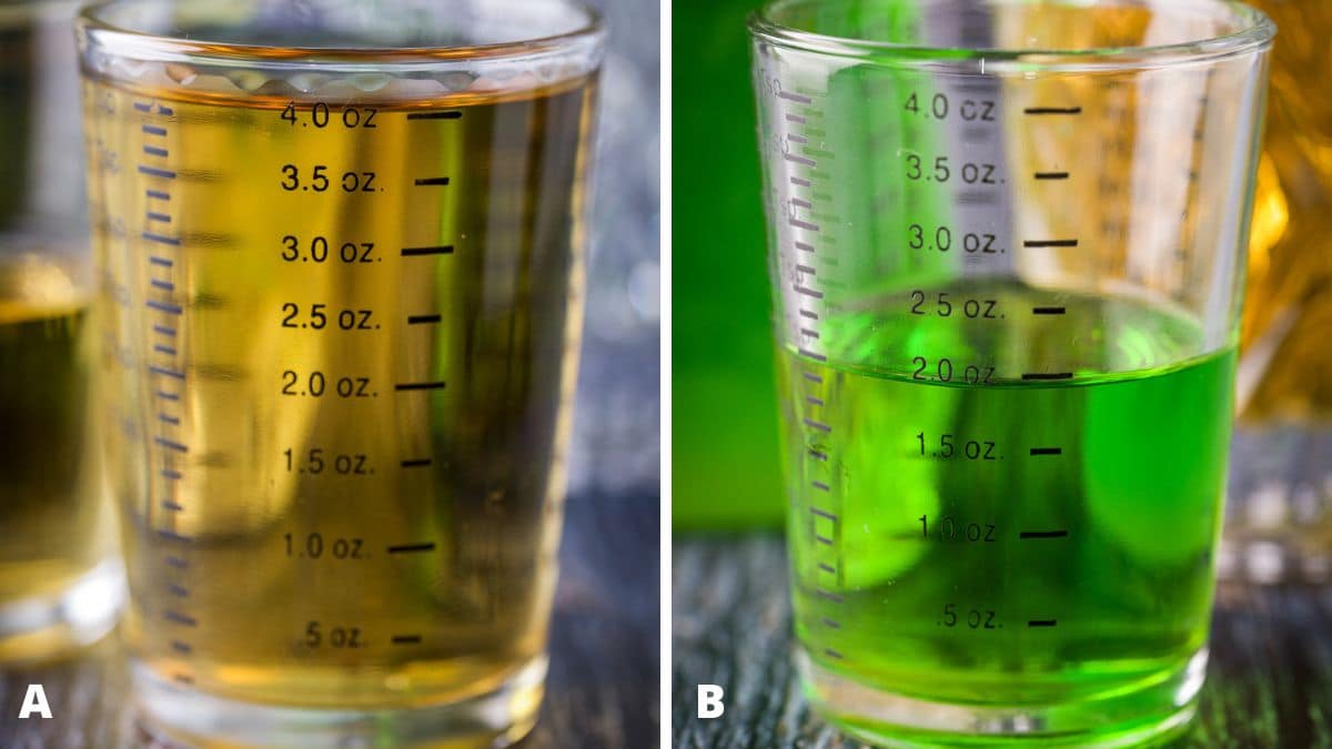 Whiskey and melon liqueur measured out