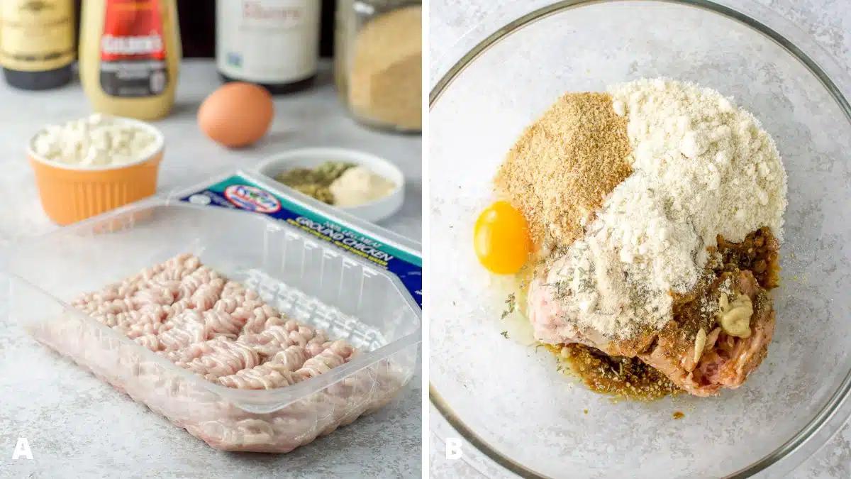 Left - ground chicken, almond flour, egg, spices, mustard, and sauces. Right - the meatball ingredients in a clear bowl ready to be mixed