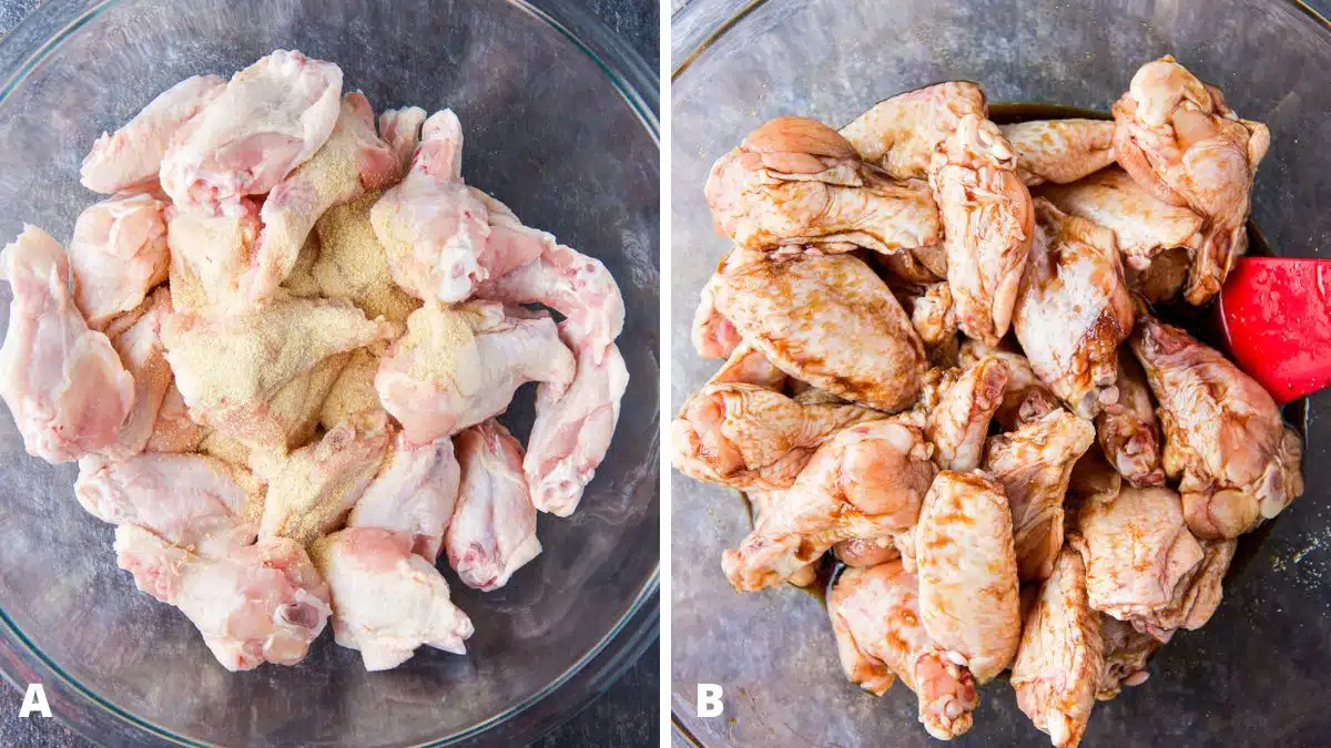 Left - Onion and garlic powder added to the chicken in a glass bowl. Right - Soy sauce and honey added to the chicken in the bowl and mixed with a red spatula