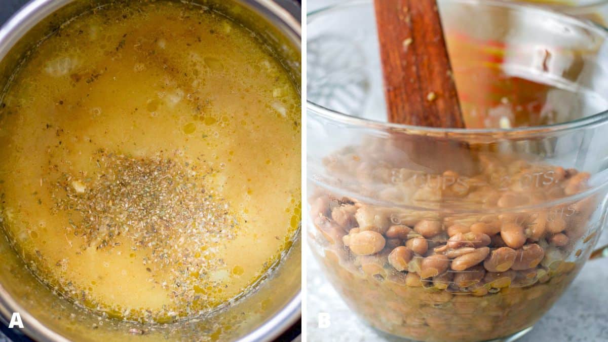 left: overhead view of all the ingredients in the instant pot container. Right: the cooked beans and liquid in a big measuring cup with a spatula