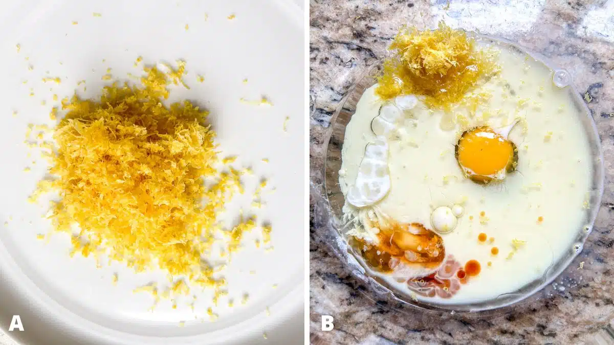 Left - lemon zest on a white plate. RIght - an egg, milk, vanilla, oil, and zest in a bowl