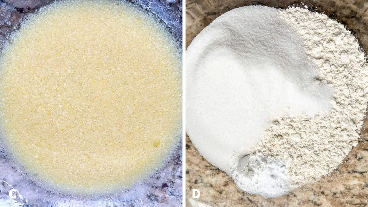 Left - the wet ingredients whisked together in a bowl. Right - flour, baking powder, baking soda, sugar, and salt in a bowl