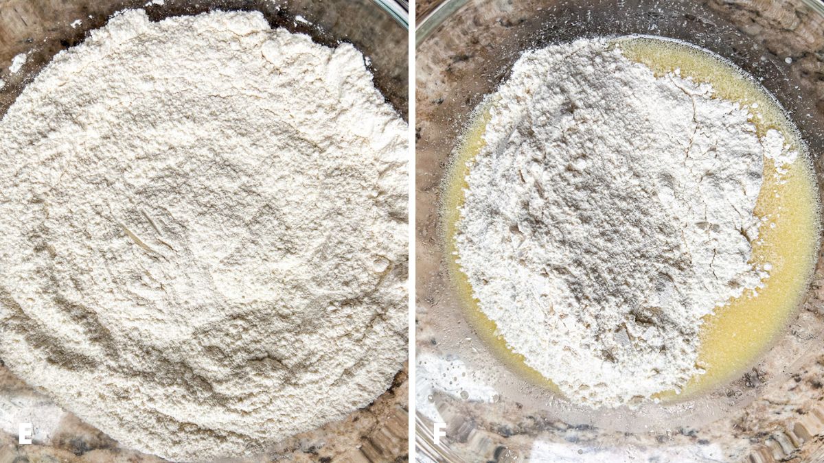 Left - a bowl with the flour mixed together. Right - the dry ingredients added to the wet ingredients