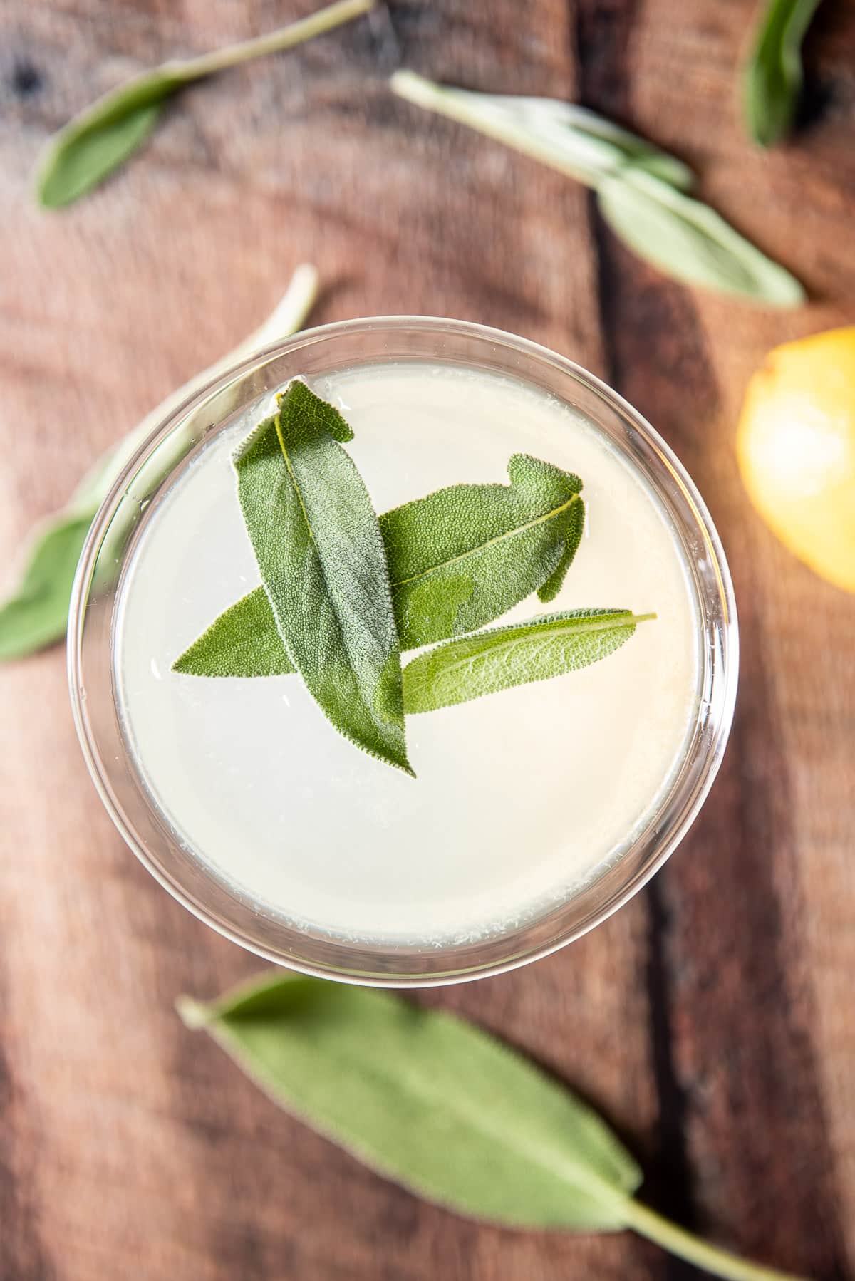 Overhead view of the martini with sage leaves and lemon