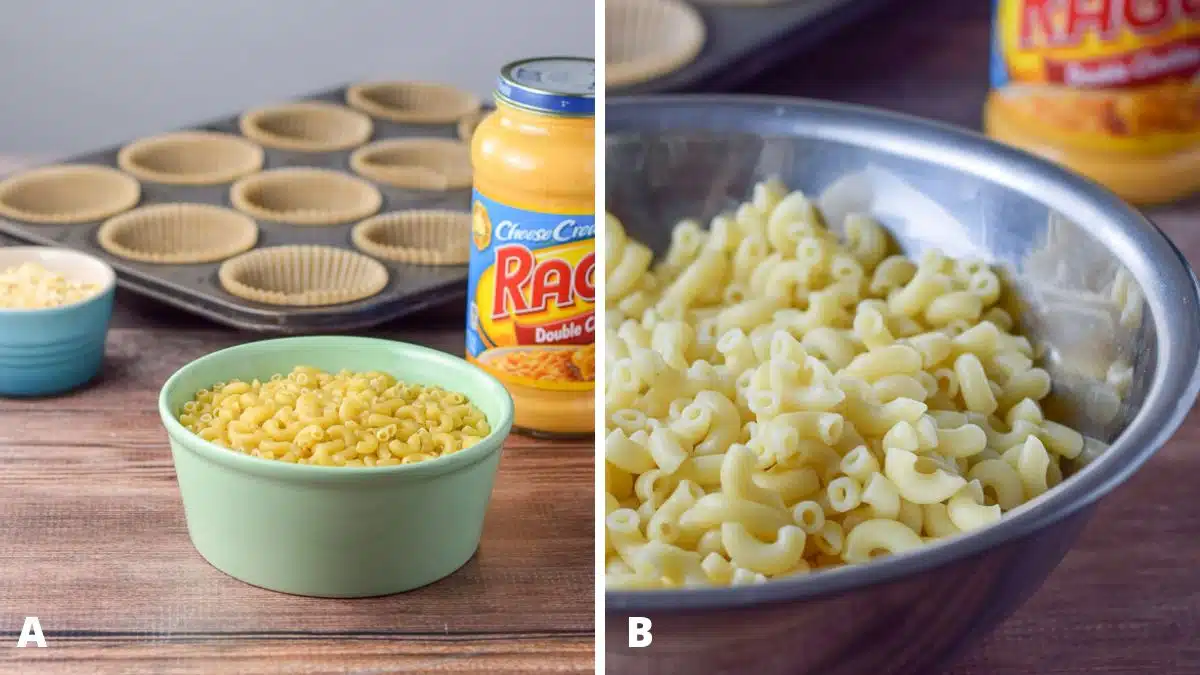 Left - ingredients - raw elbow macaroni, cheese sauce and cracker crumbs. Right - cooked elbows in a metal bowl