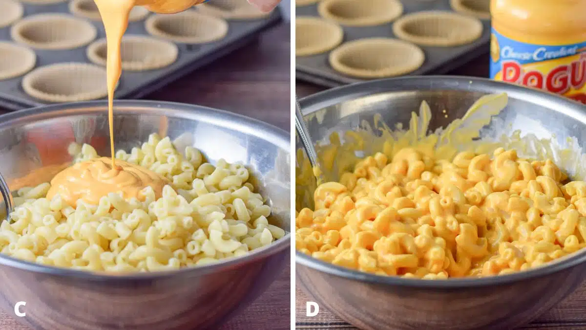 Left - cheese sauce being poured on the macaroni. Right - the sauce mixed with the pasta