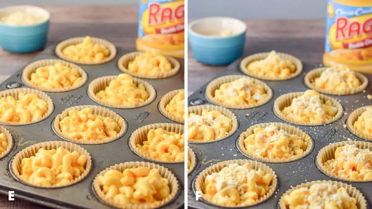 The cheese macaroni in the muffin cups and the cracker crumbs sprinkled on them