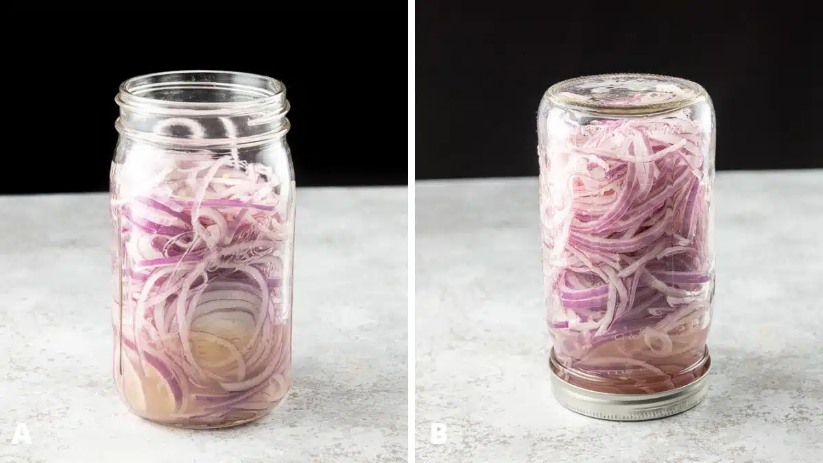 red onions added to the jar with the pickling liquid, and then capped and turned on its cap