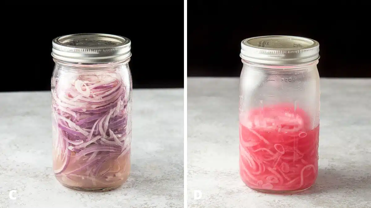 Left - the jar of onions turned back upright. Right - the Mexican onions after being pickled