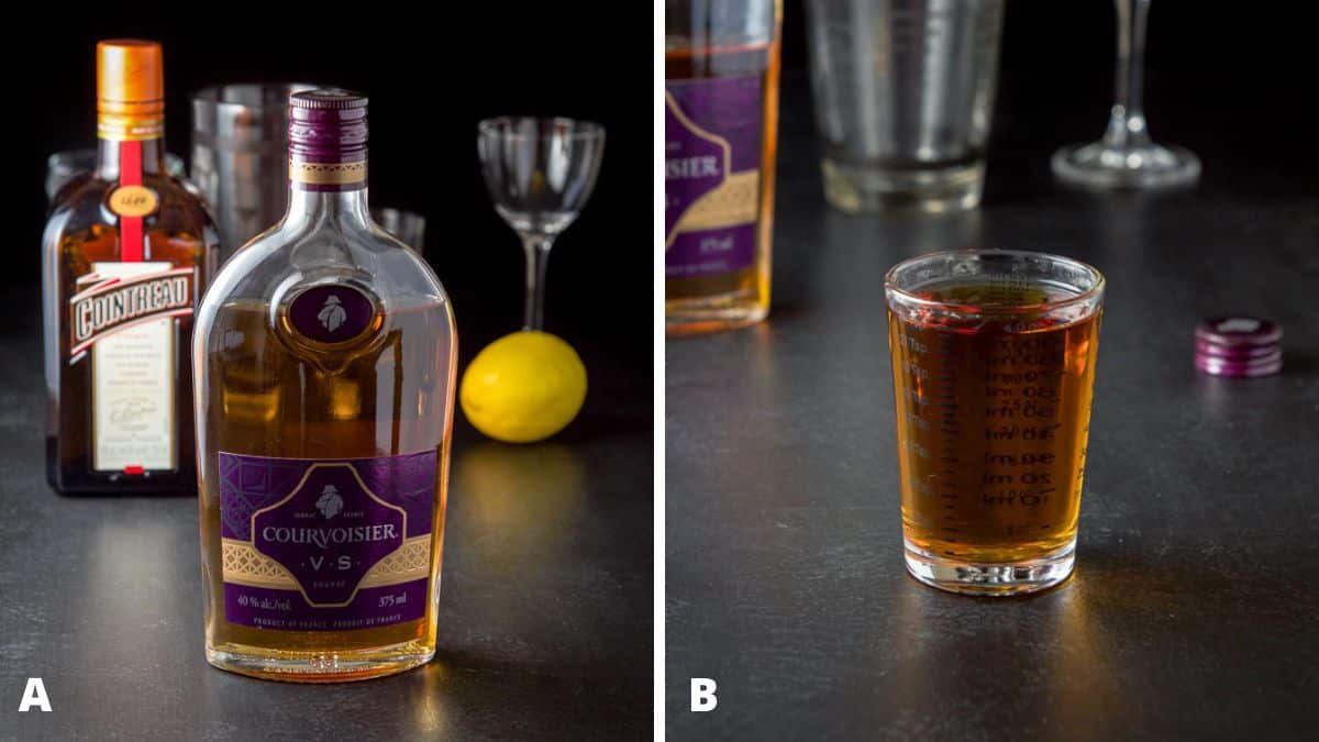 Left: Cognac, Cointreau, and lemon on a table with glasses. Right: cognac measured out
