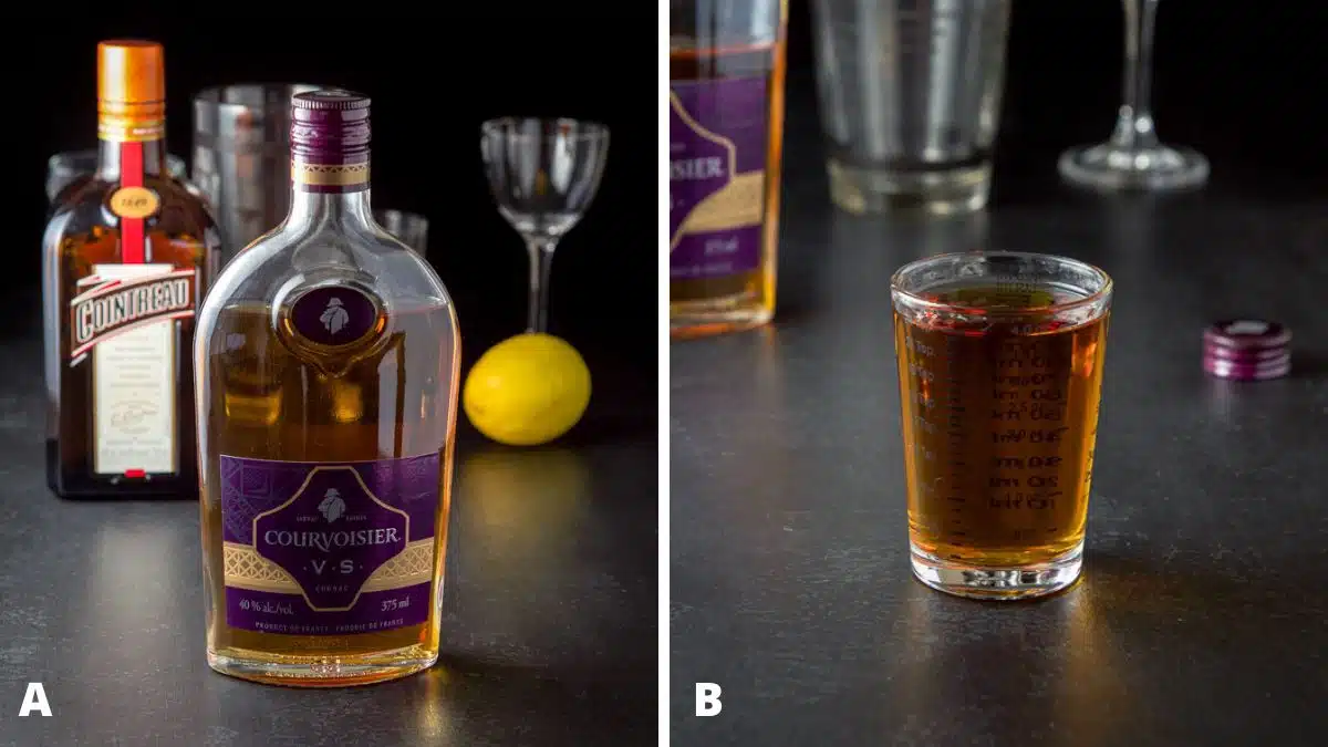 Left: Cognac, Cointreau, and lemon on a table with glasses. Right: cognac measured out