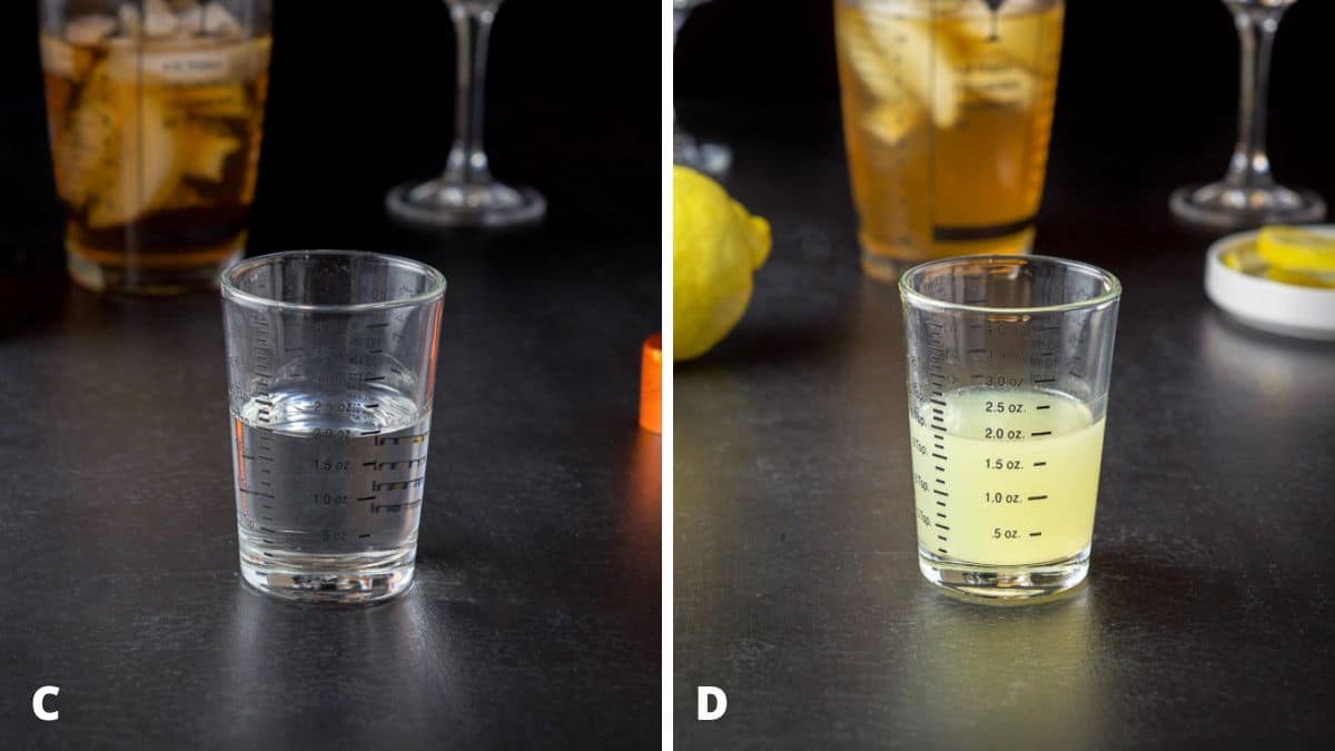 Cointreau and lemon measured out with the shaker in the back and lemon