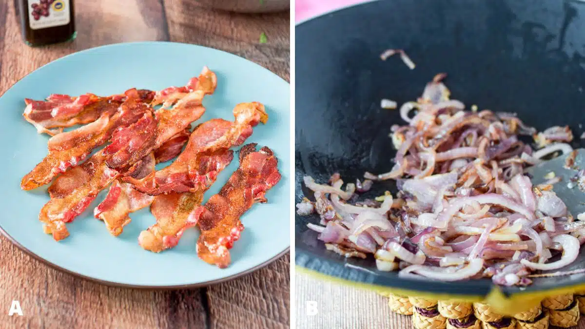 Left: cooked bacon on a blue plate on a table. Right: A wok with cooked red onions