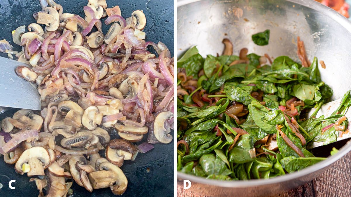 Mushrooms, red onion and garlic paste saut&eacute;ed in the wok and then added to spinach in a metal bowl