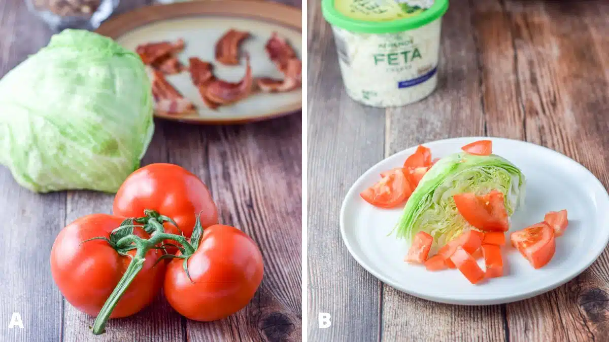 Left - tomatoes, iceberg lettuce, bacon, and pecans on a table. Right - a lettuce wedge and tomatoes on a plate with a tub of feta cheese in back