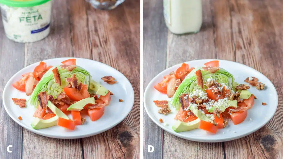 Left - Avocado and bacon added to the wedge salad. Right - pecans and feta cheese added to the salad