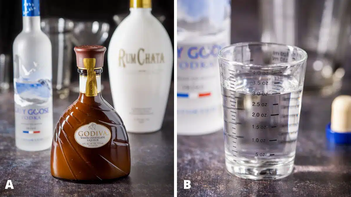 Left: white chocolate liqueur, rum chata, and vodka on a table. Right: vodka poured out