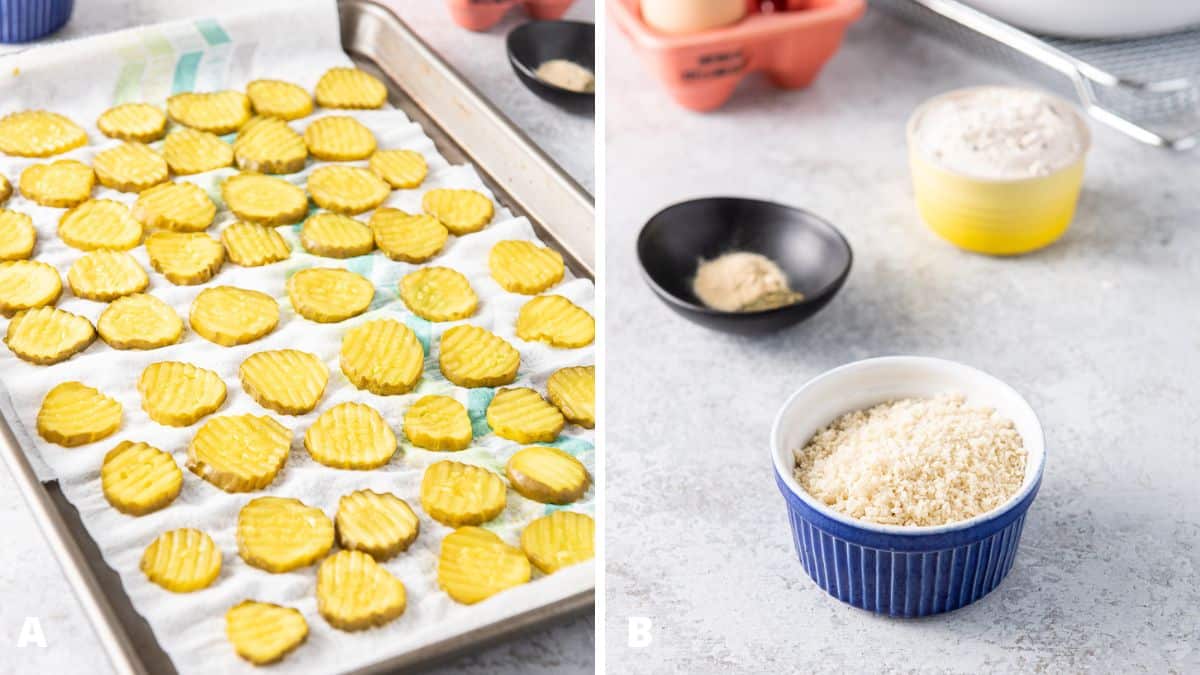 Dill pickles on paper towels and the coating ingredients