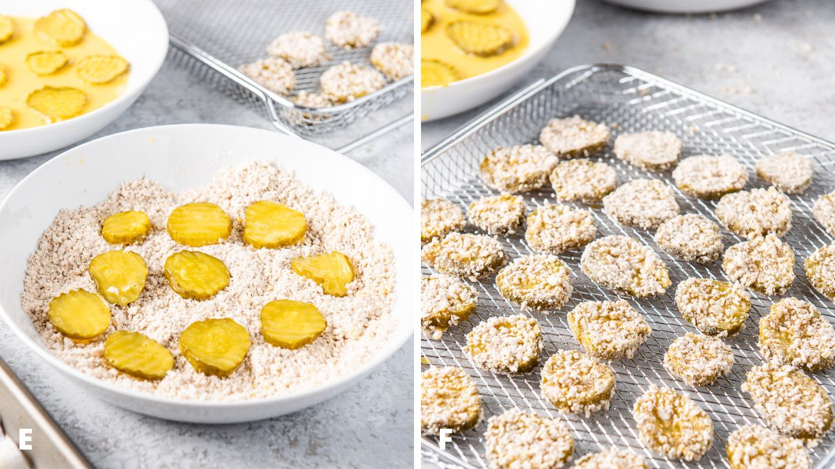 Pickles in the breadcrumb mixture and coated pickles on a wire rack