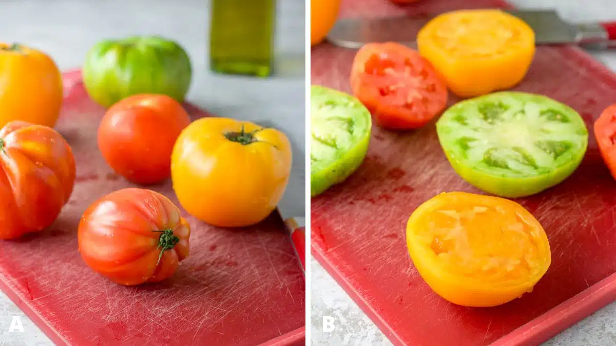 Left - tomatoes on a red cutting board. Right - tomatoes cut in half on the board