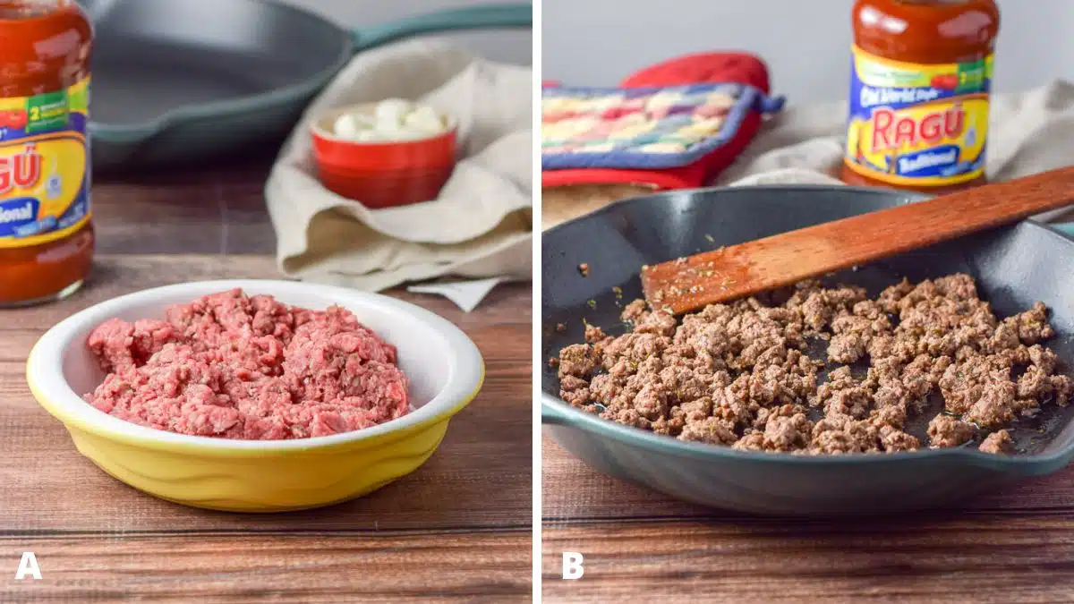 Left - Ground beef, jar of red sauce and mozzarella pearls along with a sauté pan in the background. Right - Cooked ground beef in a sauté pan with a jar of red sauce in the background