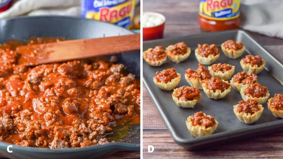 Left - The red sauce mixed in with the pan of ground beef. Right - A pan of little phyllo cups filled with red sauce and beef with the jar of sauce