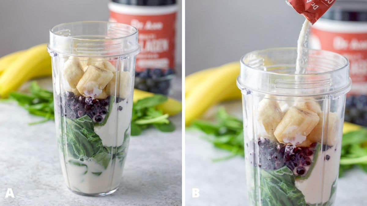All the smoothie ingredients in a blender container and then collegan poured in