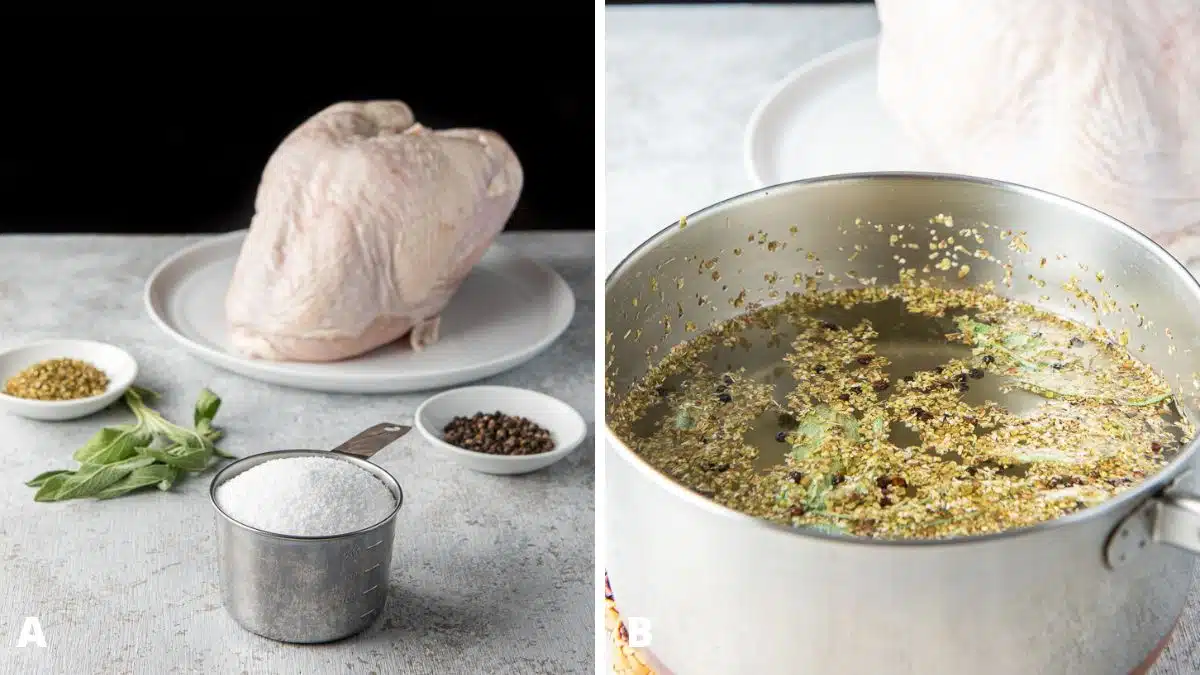 Left - Salt, pepper, oregano, sage and a turkey breast in the background. Right - The salt mixture heated in a medium pan with the turkey breast in the background