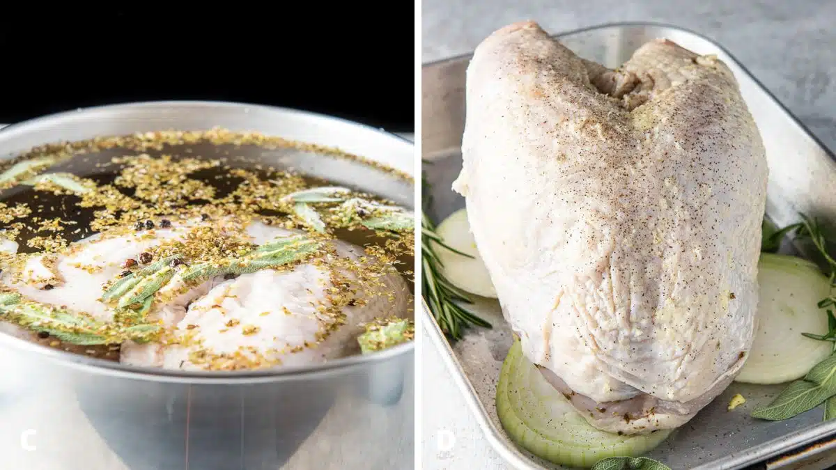 Left - Water and the brine mixture in a pan with the turkey. Right - Turkey with pepper on onions and rosemary and sage in a pan