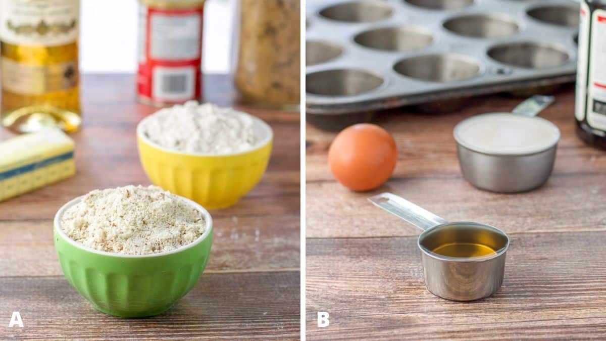 Left - Almond flour, spelt flour, butter, brown sugar and rum on a wooden table. Right - Rum, egg, almond milk, vanilla with a muffin pan on the table
