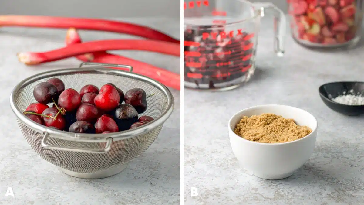 Left - cherries in a sieve and rhubarb on the table. Right - brown sugar, corn starch, chopped cherries and rhubarb