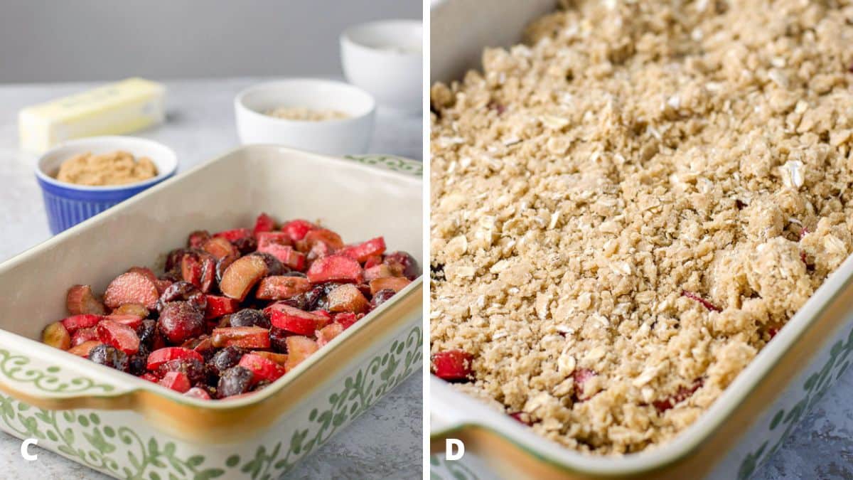 The cherry mixture in the bottom of the baking dish and the crumble pressed on top