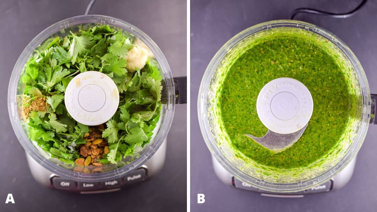 Left - all the ingredients for the chimichurri in the processor. Right - the chimichurri porcessed and still in the container