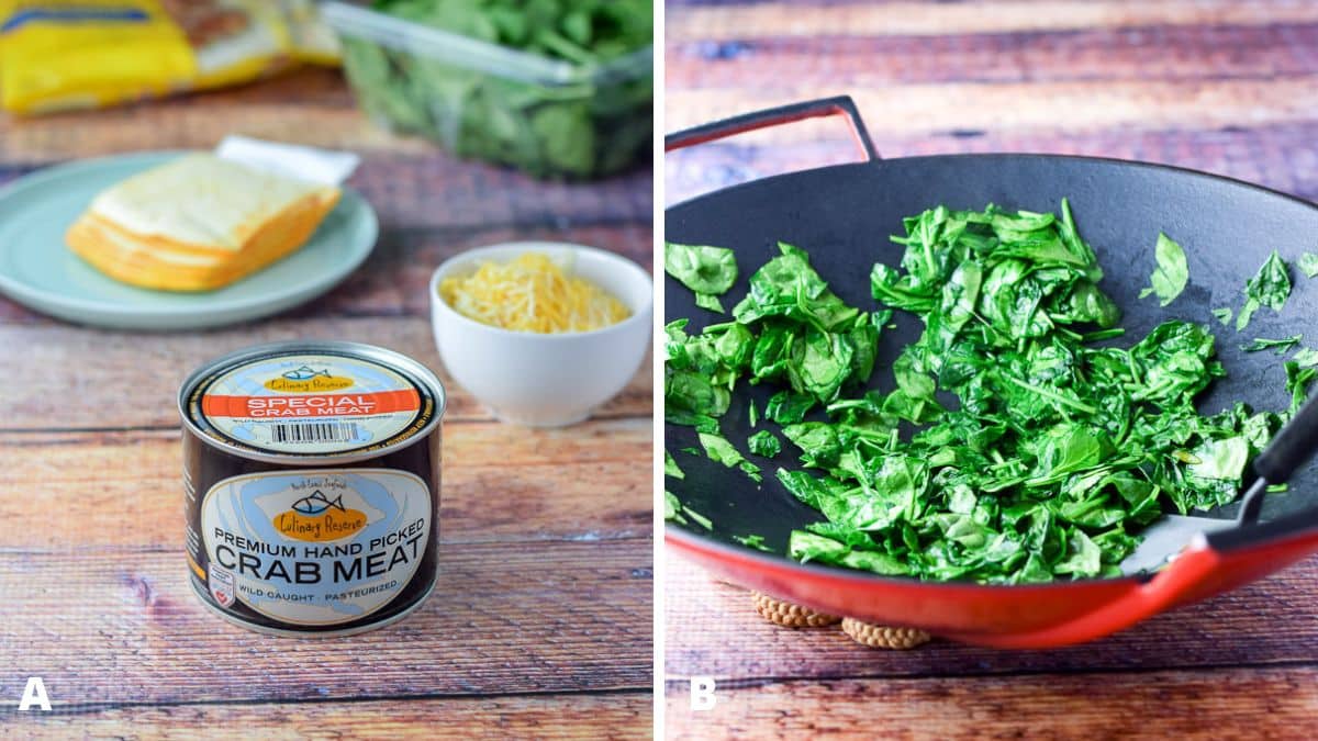 Left - Crab meat, cheeses, spinach and tortillas on a table. Right - Spinach saut&eacute;ed in a red wok