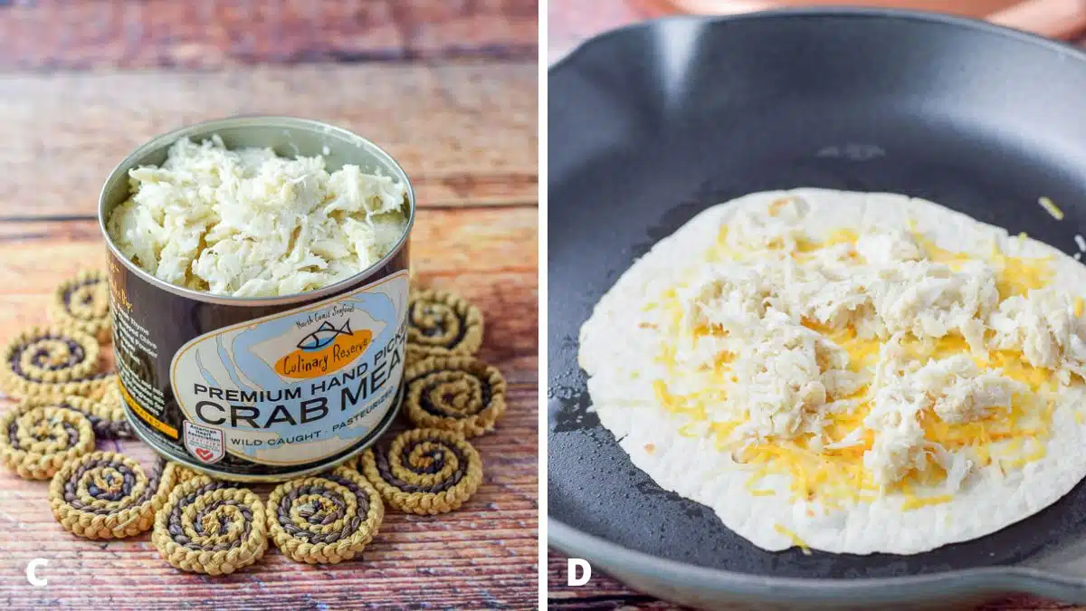 Left - An open can of crab meat on a table. Right - Tortilla, cheese and crab being cooked in a pan